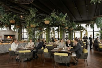 do restaurant interior  design, pizza shop, coffee with  3d rendering