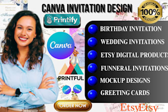 design canva invitations, wedding cards, birthday cards, etsy digital products