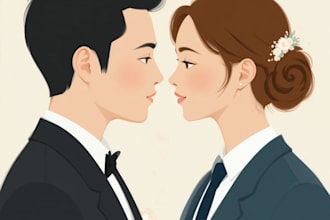 draw flat minimalist wedding couple portrait from photo