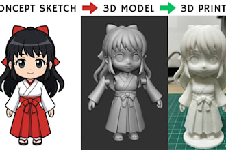 do 3d character modeling, 3d sculpting, 3d modeling from 2d sketch to 3d print