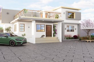 remodel 3d building elevation,villa exterior facade, balcony,cgi driveway render