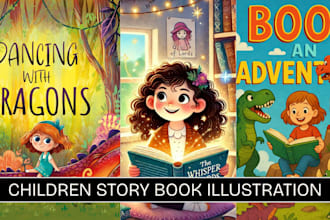 draw colorful children storybook illustration kids book, illustrate book cover