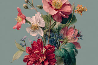 create an botanical illustration of plants, fruits, flower