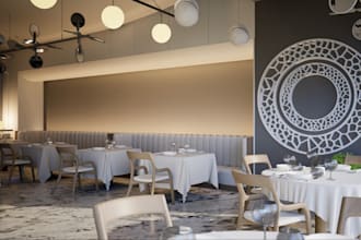 3d restaurant interior, modern cafe decor, bar design, kiosk, lounge 3d render