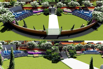 model event landscape, 3d stage design, garden, frontyard 3d render, party decor