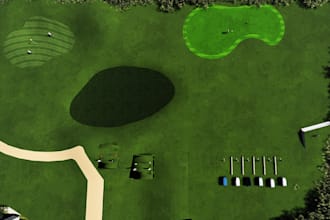 render 3d golf course,trackman field,golf simulator,golf map,golf ball,clubhouse