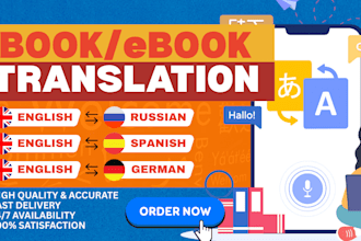 book, ebook translation, english to spanish translation, russian, german ebook