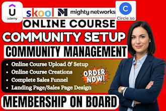 set up skool community, mighty networks, circle so expert, online course upload