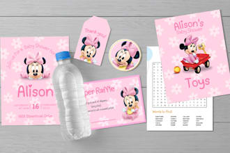 design a printable baby shower bundle with games and invites