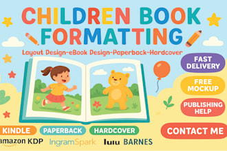 children book formatting and publishing on amazon KDP, lulu, ingramspark