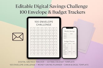 create editable digital savings challenge templates, 100 envelope and budget