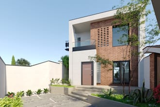 3d brick house exterior,terrace garden, balcony render, urban home, facade villa