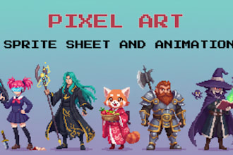 draw pixel art character, background, sprite illustrations and animations