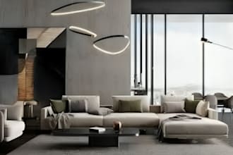 design kitchen, living room and bathroom interior model and 3d rendering