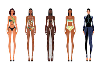 draw swimwear design bikini, resortwear and seamless pattern with a tech pack