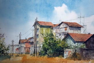 paint a watercolor and gouache landscape illustration
