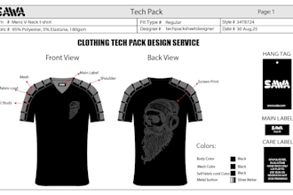design flat sketch of tshirt with color cad technical design of clothing