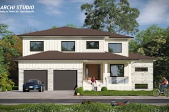 design sketchup 3d facade house model, exterior front elevation render 3d plan
