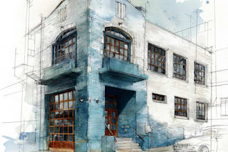 sketch architecture building with watercolor rendering