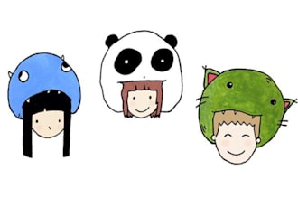 draw a Scandinavian style cartoon portrait of you wearing any oversized monster hat that you describe