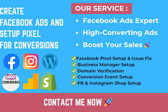 create facebook ads and setup pixel for conversions