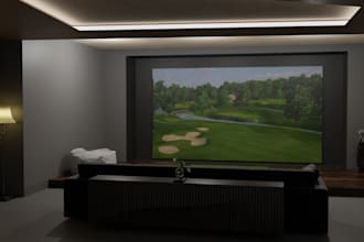 build 3d golf simulator room,virtual golf setup,sport center interior,cgi arena