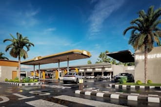 renew 3d ev charging station,service centers,gas station,charging station render