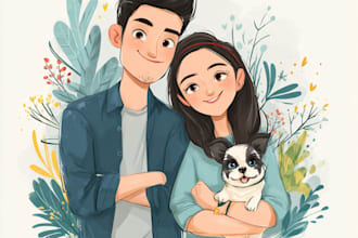 draw cute cartoon potrait couple, pet or family