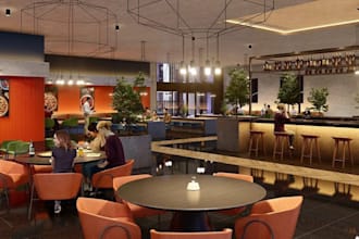 modern 3d interior restaurant design,luxury eatery, pizza shop,cafe, 3d elements