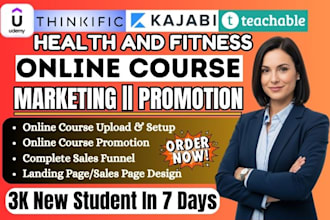do health and fitness kajabi online course promotion, udemy course sales funnel