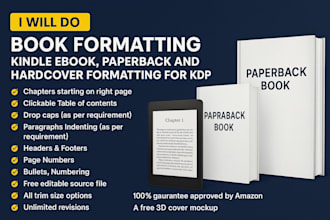 do book formatting, kindle ebook, paperback and hardcover formatting for KDP