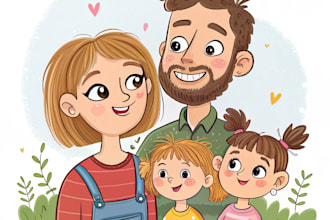 family caricature, cartoon portrait and illustration