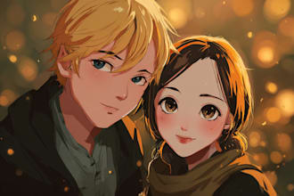 make romantic sunset anime couple illustration