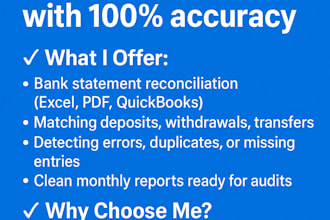 reconcile bank statements in excel or quickbooks with 100