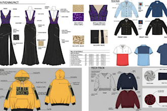 create professional clothing tech pack, fashion spec sheet and flat sketch