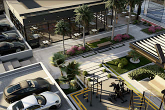 transform 3d hotel courtyard,luxury exterior visuals,3d landscape,modify 2d plan