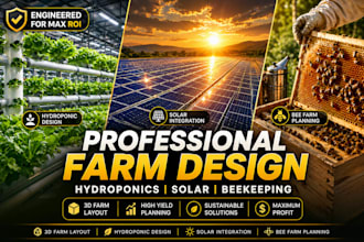design a hydroponic greenhouse farm, farm layout, 3d bee farm, solar farm
