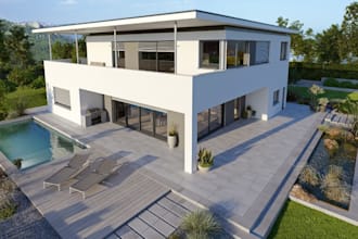 render 3d house property,villa exterior,terrace veranda deign,outdoor patio,pool