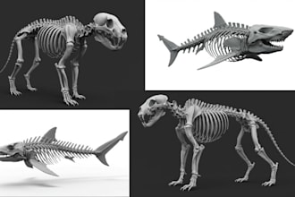 sculpt 3d printable model, bone, animal skeleton, human skull and game character