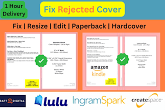 fix, edit , resize , format rejected book cover for KDP, ingram spark, lulu