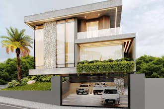 remodel luxury villa, front elevation, 2d floor plan, car garage, garden design