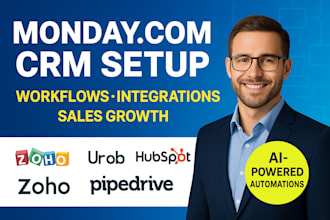 setup monday com CRM boards dashboards, monday crm automations with zapier make