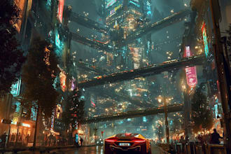 do a science fiction city and cyberpunk art illustration