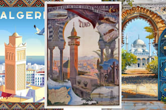 create vintage retro travel poster, tour flyer, art deco illustration design