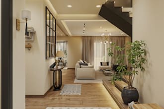 restyle scandinavian interior, stylish foyer,glass panel door,couch, led lighten