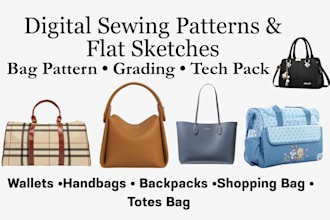 create digital bag sewing pattern design, grading, tech pack and flat sketches