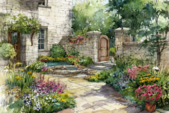 draw watercolor drawings of landscape designs or home gardens