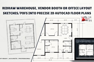redraw warehouse vendor booth and office layouts into accurate 2d autocad plans