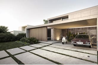 renew 3d modern villa exterior, cgi private house, balcony, car park, pool patio