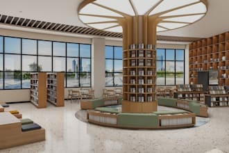 retouch 3d modern library,bookstore,interior design,learning environment, revit